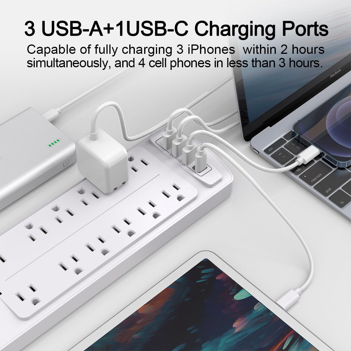 Power Strip  Surge Protector With 12 Outlets And 4 Usb Ports 6 Feet Extension Cord (1875w/15a) For Home Office Dorm 2700 Joules Etl Listed (white)
