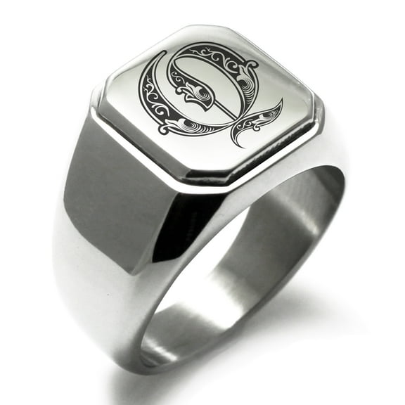 Stainless Steel Letter Q Initial Royal Monogram Engraved Engraved Square Flat Top Biker Style Polished Signet Ring