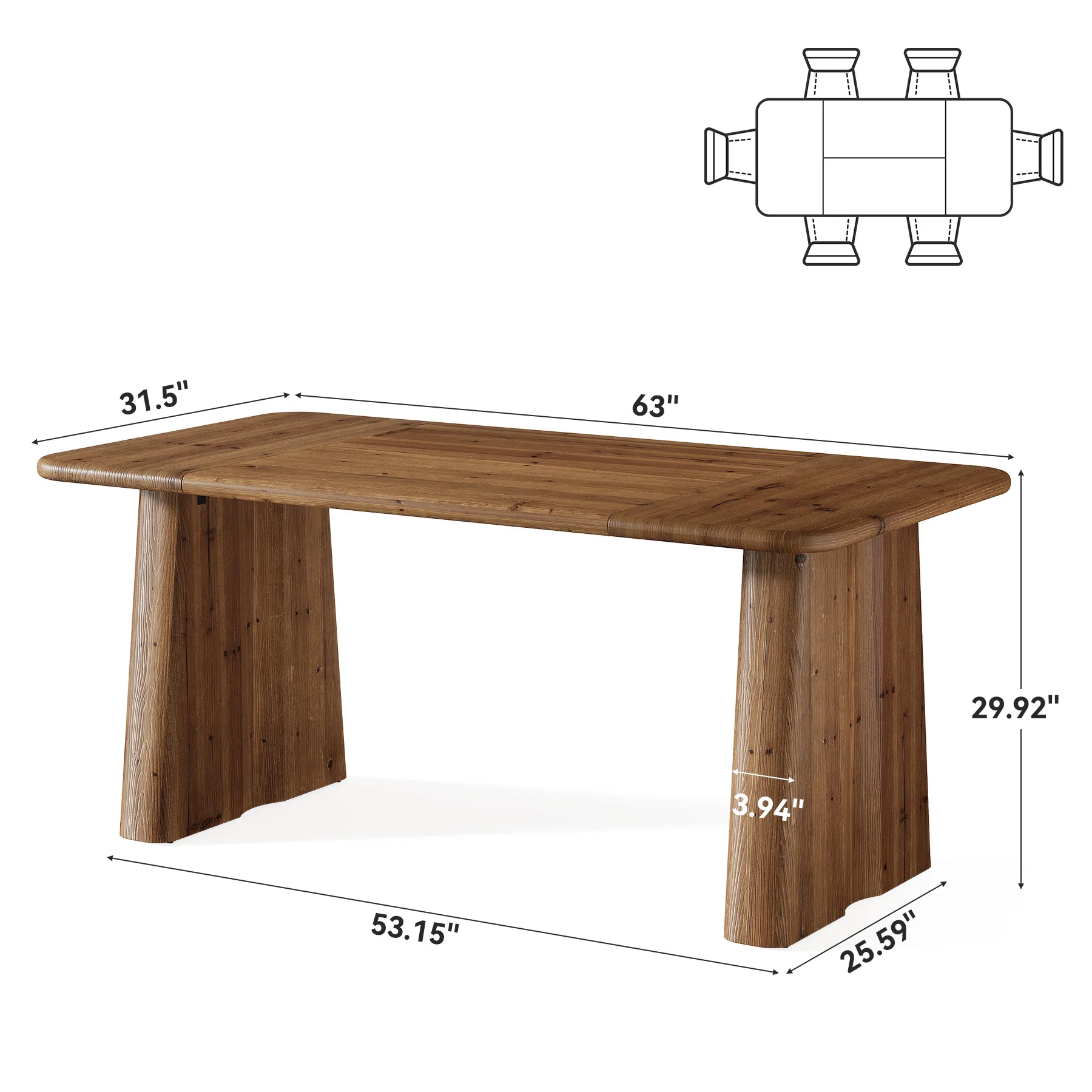Hommoo 63 Inch Solid Wood Rectangular Dining Table with Double Pedestal Base, Rustic Vintage Kitchen & Home Office Desk, Child-Safe Rounded Edges, Natural