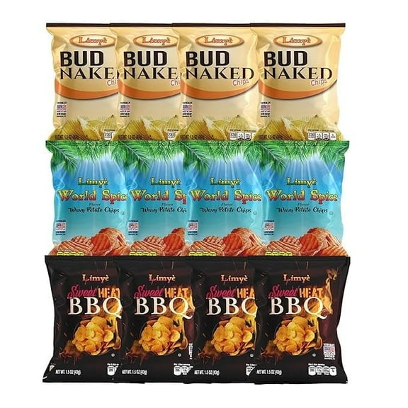 Limyè  Potato Chips Variety Pack - Bud Naked, World Spice, Sweet Heat BBQ Flavors - Kosher Certified, Allergen-Free, Vegan, Gluten-Free, Combo Pack of 3 Flavors 1.5 Oz, 12 Pack (12 Pack)