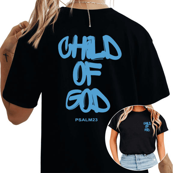 Cozymy Women's Child of God Psalm 23 Christian Faith Typography Graphic Short Sleeve T-Shirt Casual Relaxed Tees Tops