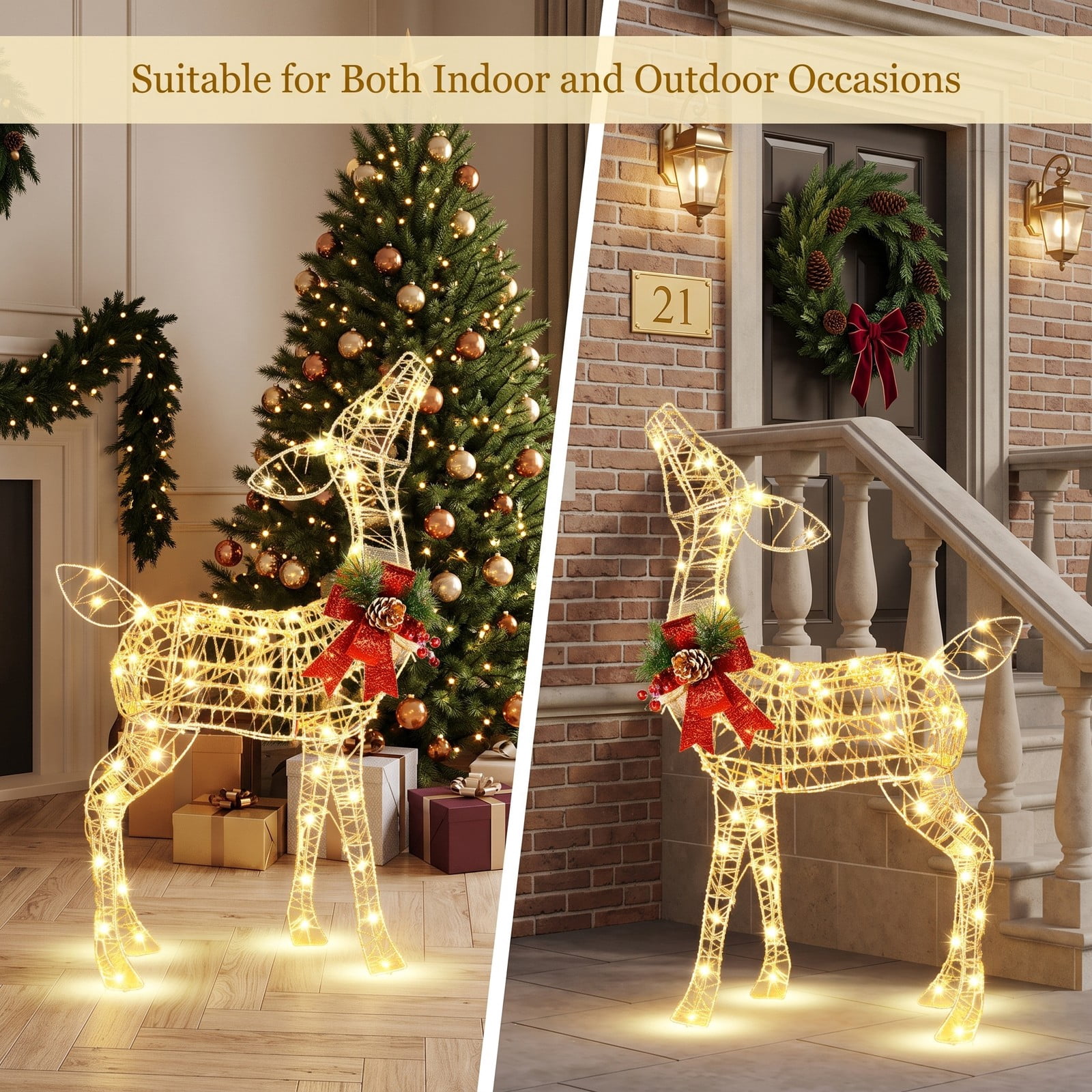 RUIE 34.5-inch Lighted Christmas Reindeer Decoration with 50 Warm White LED Lights, Pre-Lit Outdoor Yard Decor, White