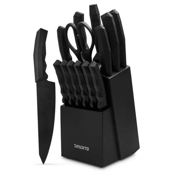 Boulder Kitchen Knife Block Set, 15 Piece Full Tang Chef Knives, Black