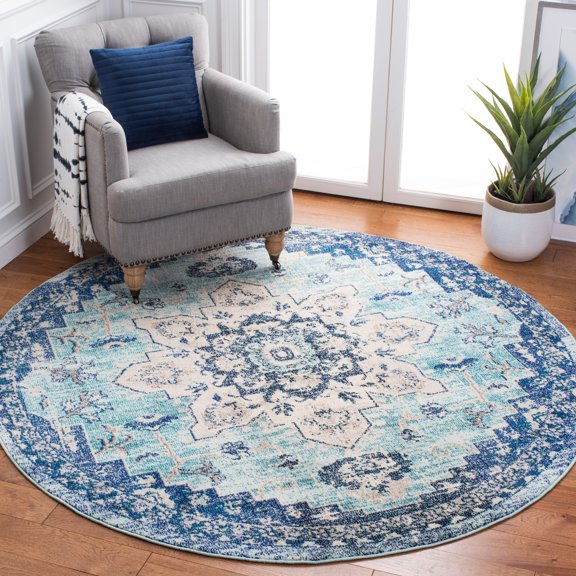 SAFAVIEH Madison Dalia Oriental Area Rug, Teal/Navy, 3' x 3' Round
