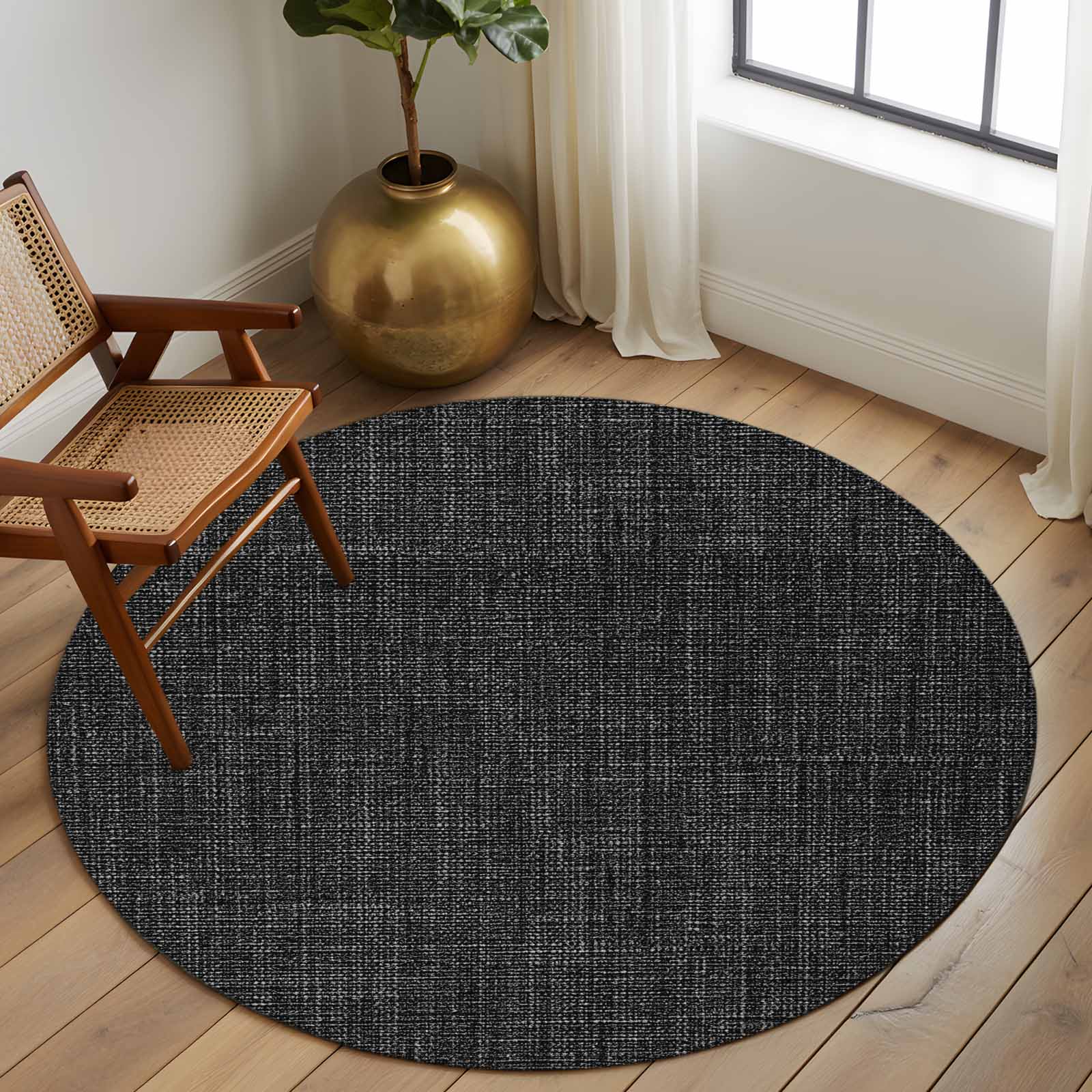 Black Burlap Texture Round Area Rug 6 FT, Non Slip Bedroom Area Rug, Farmhouse Vintage Black Washable Soft Circular Carpet Non-Shedding Floor Mat for Kitchen Dining Room Home Office Kids Room