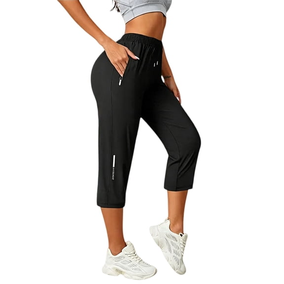 iHPH7 Women's Workout Capris with Zipper Pockets Quick Dry Athletic Cropped Pants Lightweight Stretchy Running Yoga Pants for Gym Hiking Activewear Black L