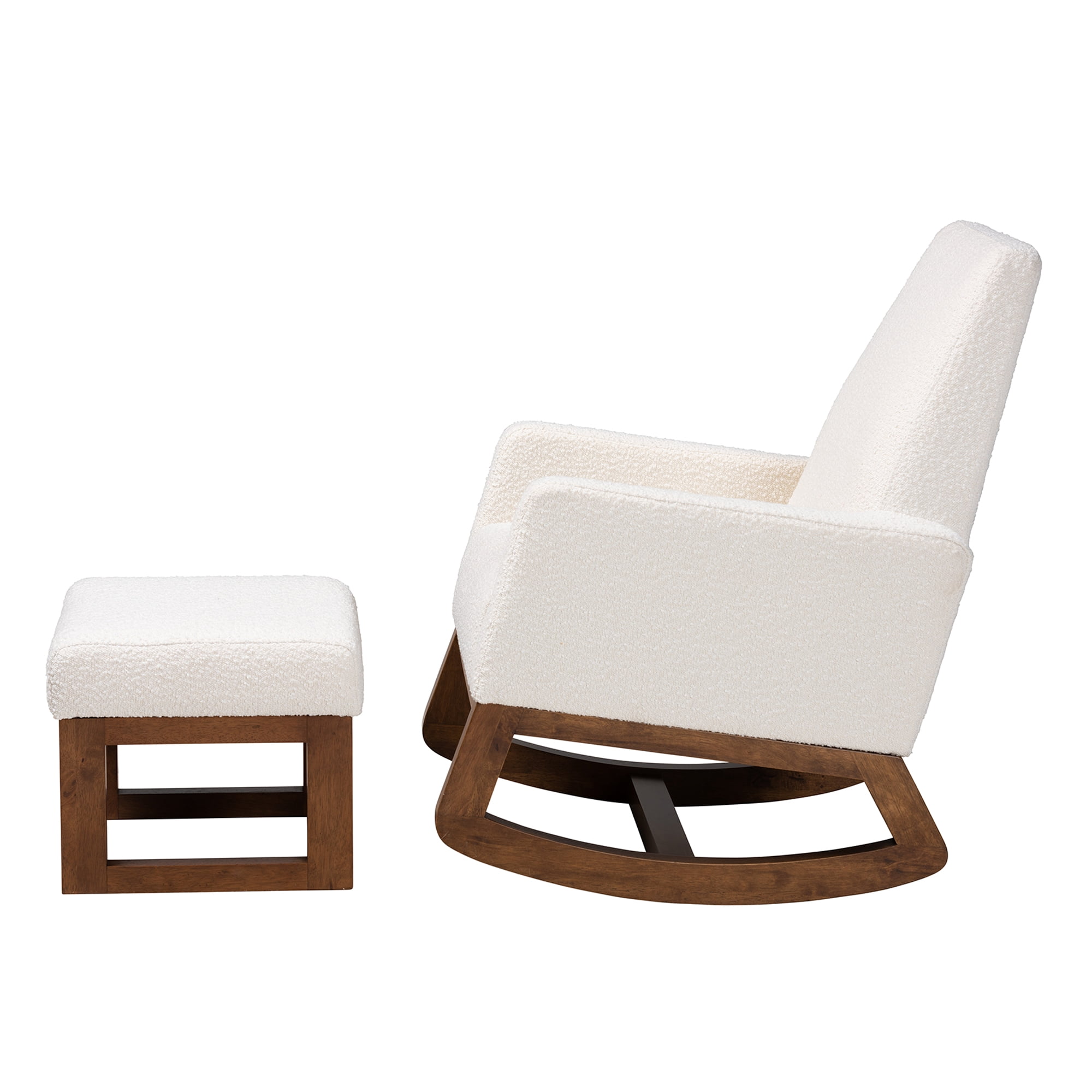 Baxton Studio Yashiya Mid-Century Modern Off-White Boucle Upholstered and Walnut Brown Finished Wood 2-Piece Rocking Chair and Ottoman Set