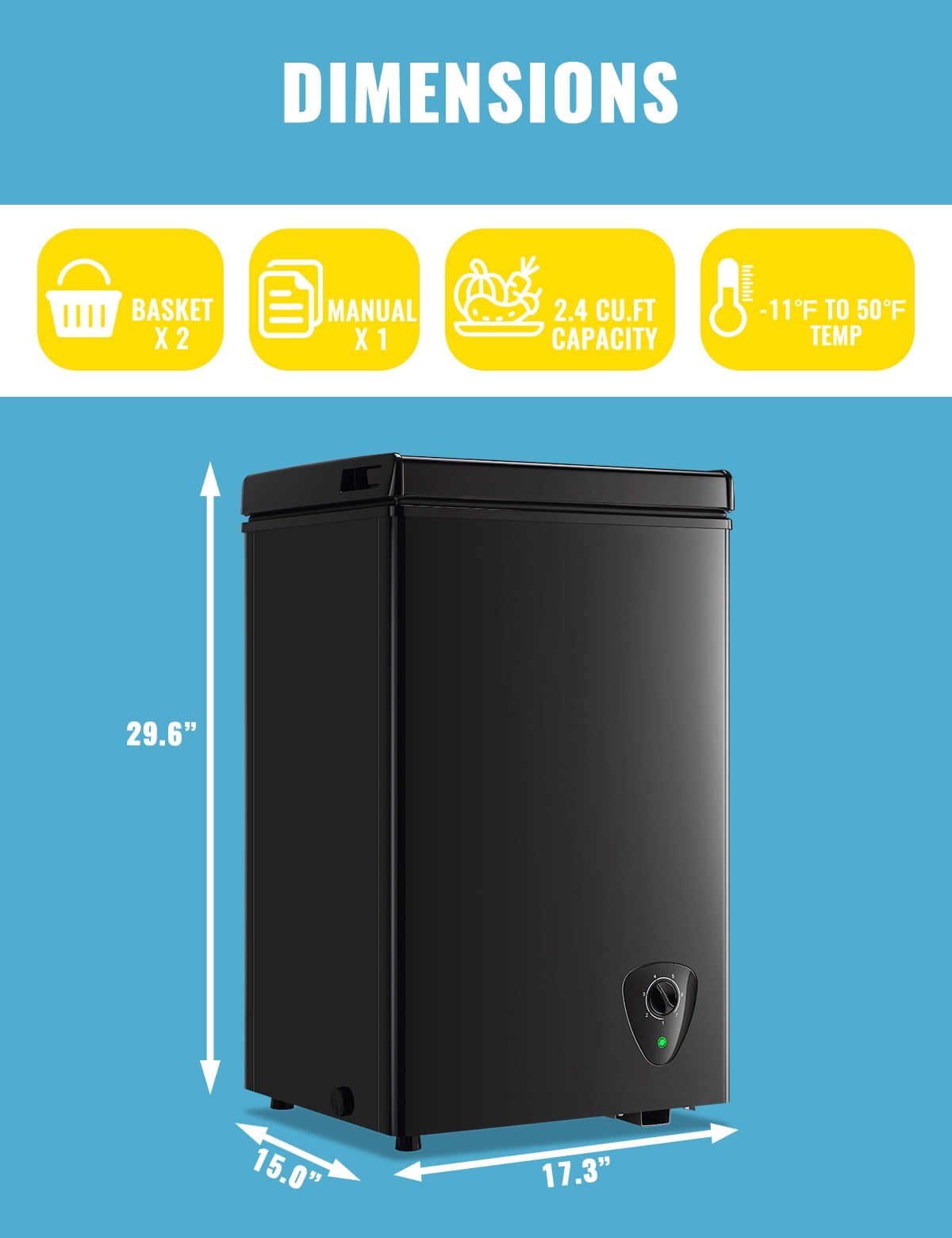 WANAI 60L Chest Freezer with 7 Gears Temp Control, Black Deep Freezers Space-saving two baskets