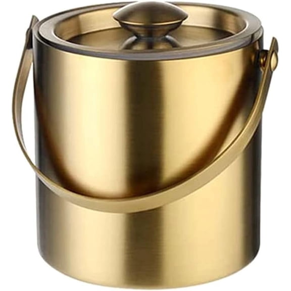 2L Stainless Steel Ice Bucket Portable Double Wall Insulated with Lid Beverage Beverage Tools Ice Bucket with Handle Family and Bars Parties Bucket Cooler (Gold)