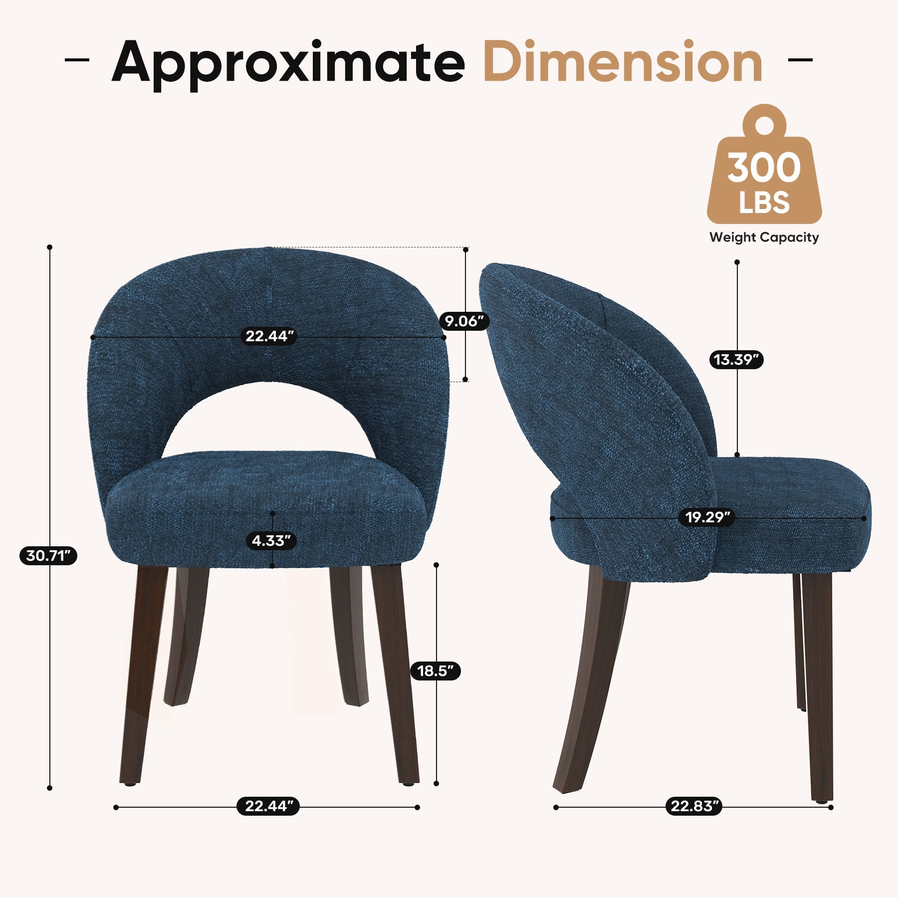 MOONNISS Upholstered Dining Chairs Set of 4, Mid Century Modern Dining Chairs with Solid Wood Legs, Curved Back Kitchen Chairs, Farmhouse Side Chairs for Dining Room,Blue