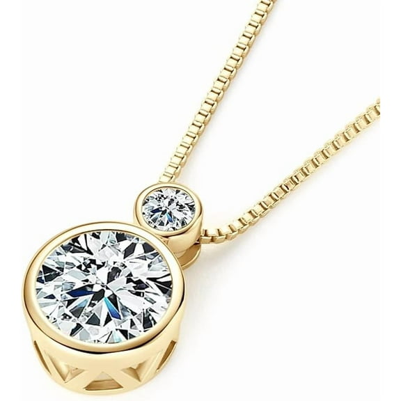 Round Cut 2 Ct Real Moissanite Women's 2 Stone Bezel Set Pendant Necklace 14k Yellow Gold Plated 925 Silver