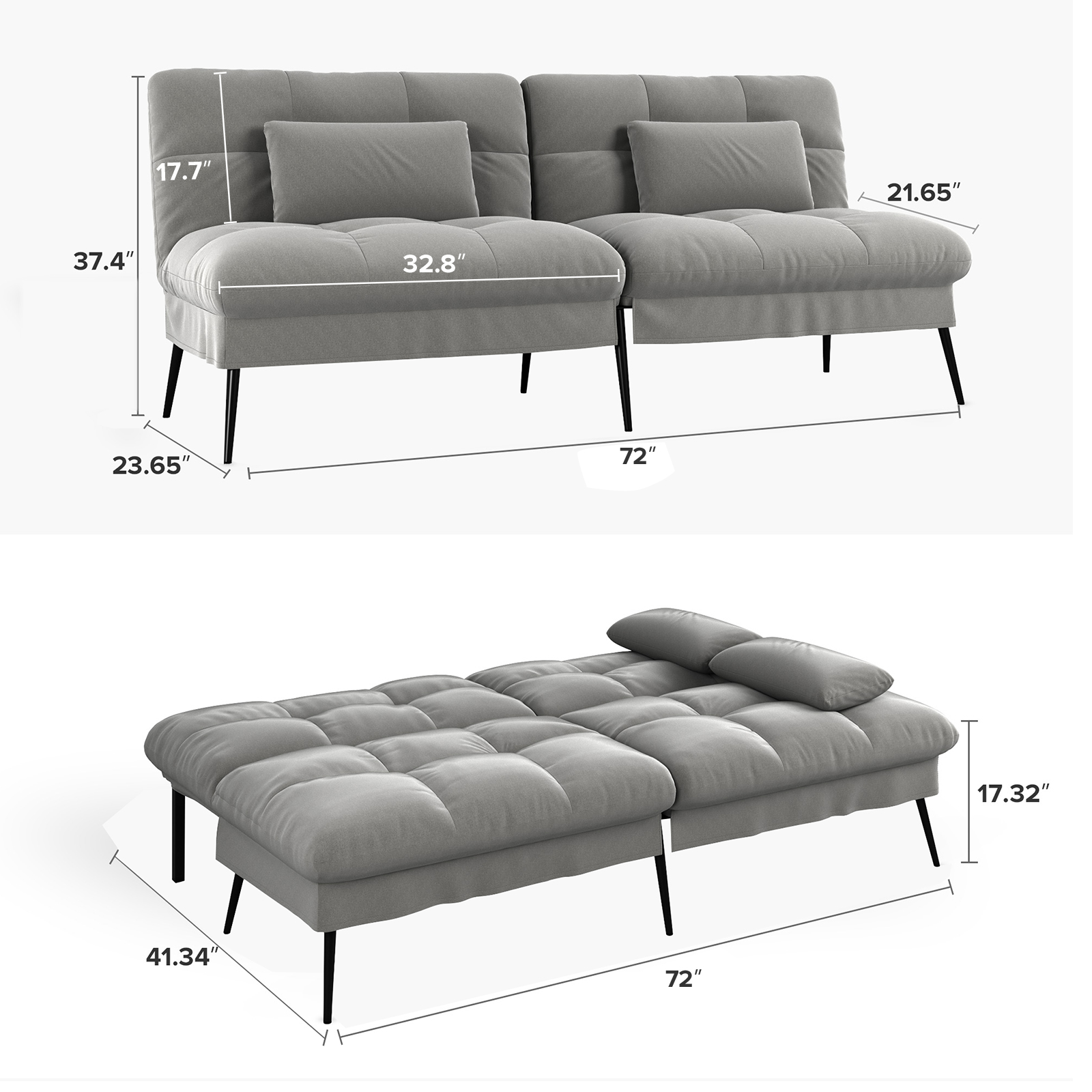COMHOMA Convertible Futon Sofa Bed 72″ W Large Size Upholstered Futon Couch Fabric Sleeper Sofa, Gray
