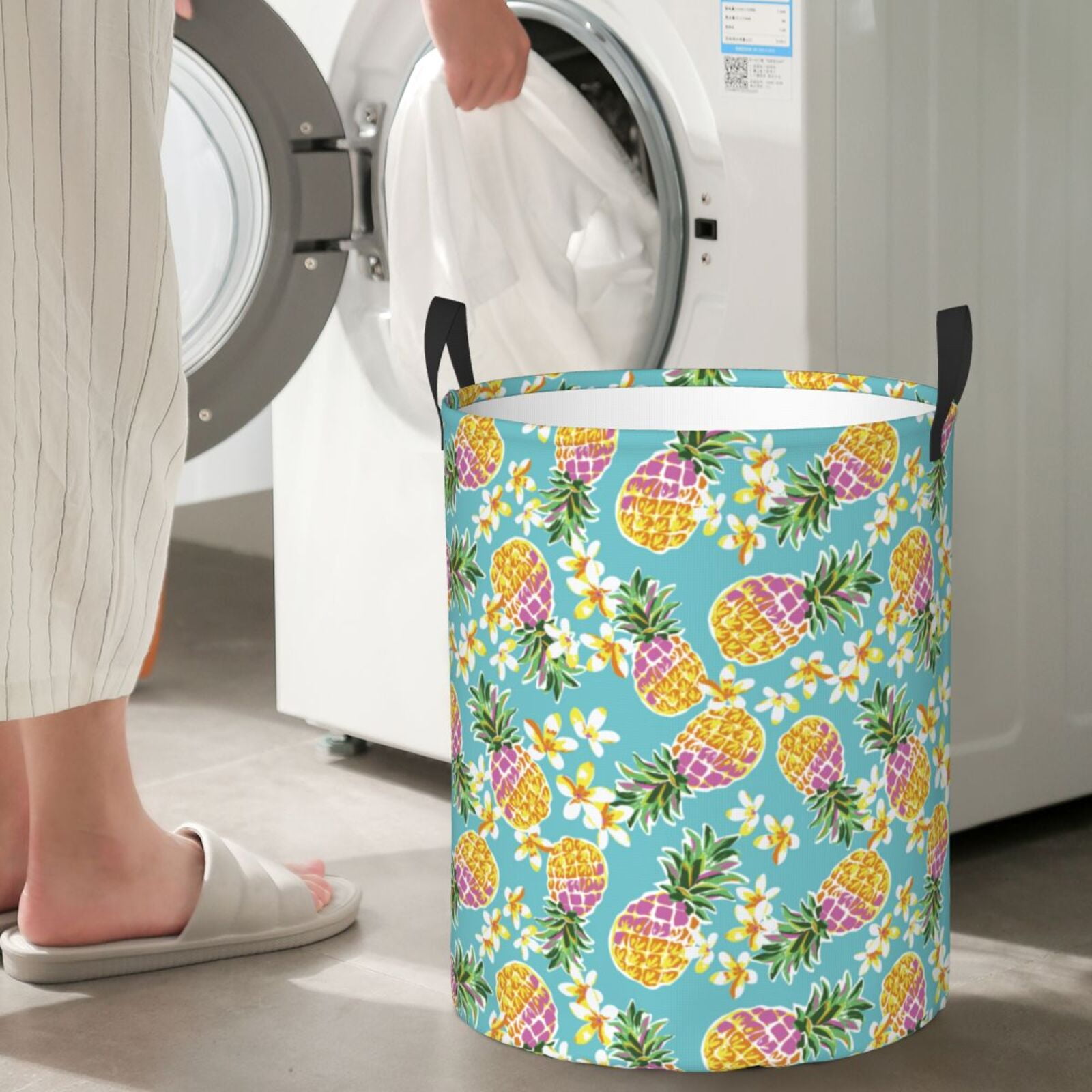Large Laundry Basket with Handles - Cute Purple Pineapple Flower Kids Baby Dirty Clothes Laundry Hamper for Bedroom Aesthetic
