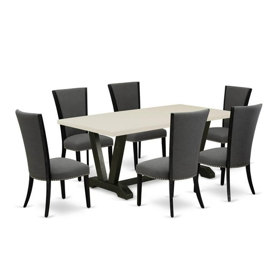 East West Furniture V-Style 7-Piece Wood Dining Set in Dark Gray/Black/White