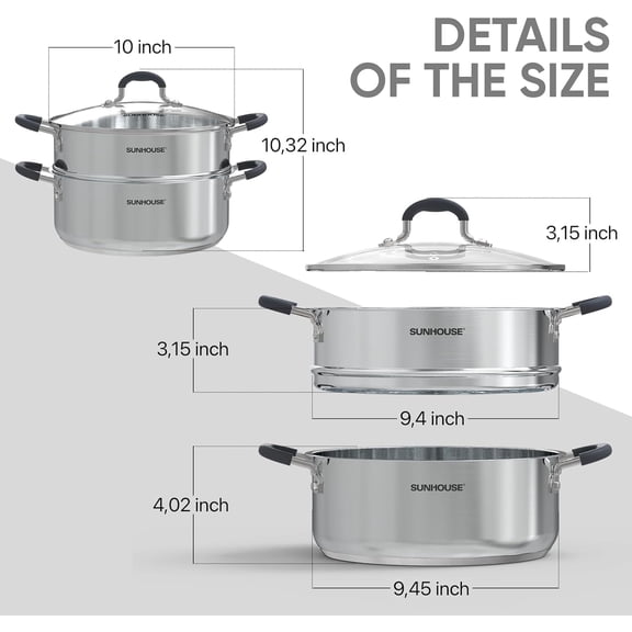 SUNHOUSE - 4.6 Quart Steamer Pots With Lid 2-Tier Multipurpose Stainless Steel Steaming Pot Cookware With Handle For Vegetable, Dumpling, Sauce, Food - Triple Bottom, Measurement Line