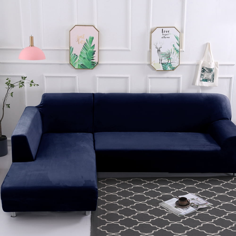 SHANNA Plush L Shape Sectional Couch Covers, Stretch Thick Velvet Sofa Furniture Protector Anti-Slip Sofa Covers (L-shape 2 Seater+2 Seater,Navy)