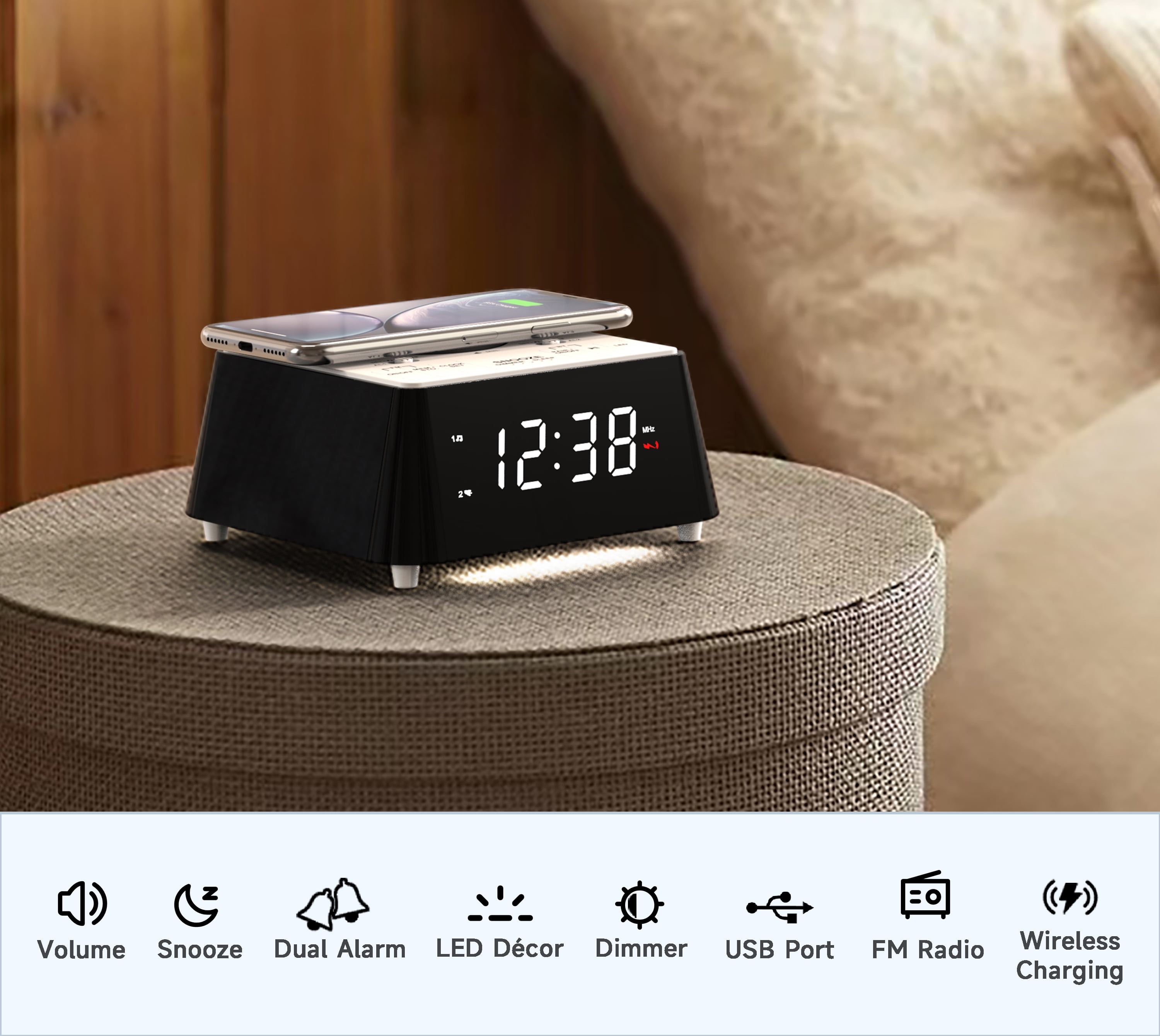 Alarm Clock with Wireless Charging, Clock Radio with Bluetooth Speaker, Dual Alarm with Snooze, USB Charging, Night Light and Dimmable Display iTOMA