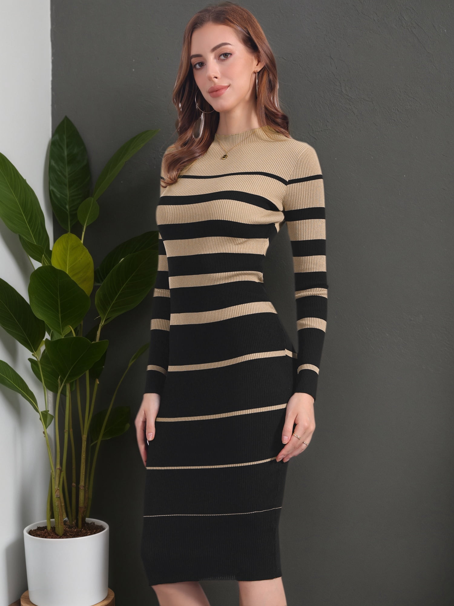 DARING DIVA Women's Striped Long Sleeve Crew Neck Ribbed Knit Dress L Khaki