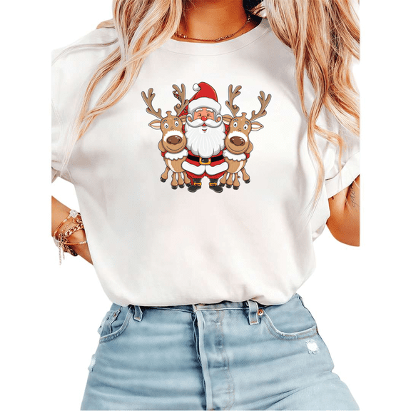 Women Santa And Reindeer Christmas Graphic Tees Cotton Crew Neck Printed T Shirt Tops White S-5XL