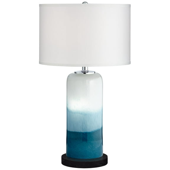 Possini Euro Design Roxanne Coastal Table Lamp with Round Black Riser 25" High Blue LED Nightlight White Drum Shade for Bedroom Living Room Bedside