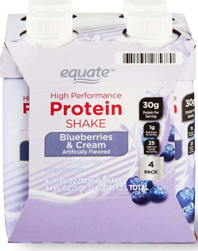 Equate High Performance Protein Nutrition Shake, Blueberries & Cream, 11 fl oz Bottles, 4 Count