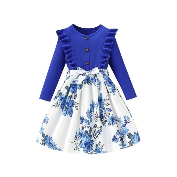 Meresysid Girl's Floral Print Dresses Round Neck Long Sleeve Belted Dress A Line Flared Midi Dresses Blue 9-10 Years