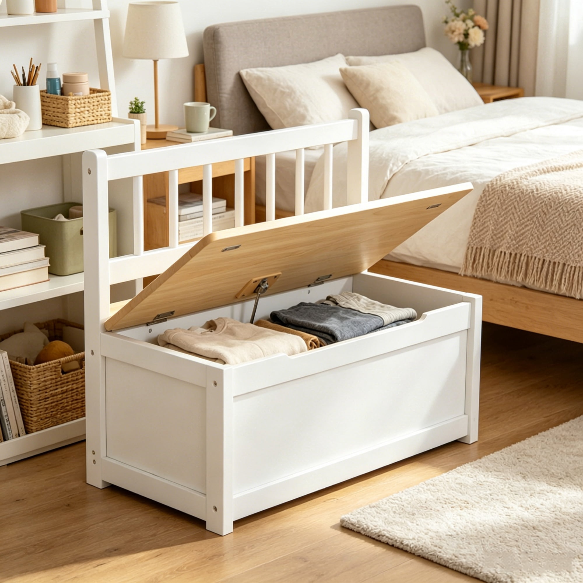 2 in 1 Wooden Toy Organizer Chest Storage Box with Seat Bench Safety Pneumatic Rod Chunk Cube Cabinet, White