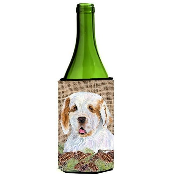 Clumber Spaniel on Faux Burlap with Pine Cones Wine bottle sleeve Hugger 24 oz.