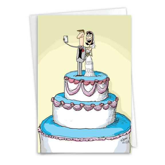NobleWorks Funny Wedding Congratulations Greeting Card with 5 x 7 Inch Envelope (1 Card) Congrats, Thank You Cake Selfie 9733