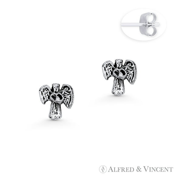Cherub Angel Christian Charm Stud Earrings in Oxidized .925 Sterling Silver