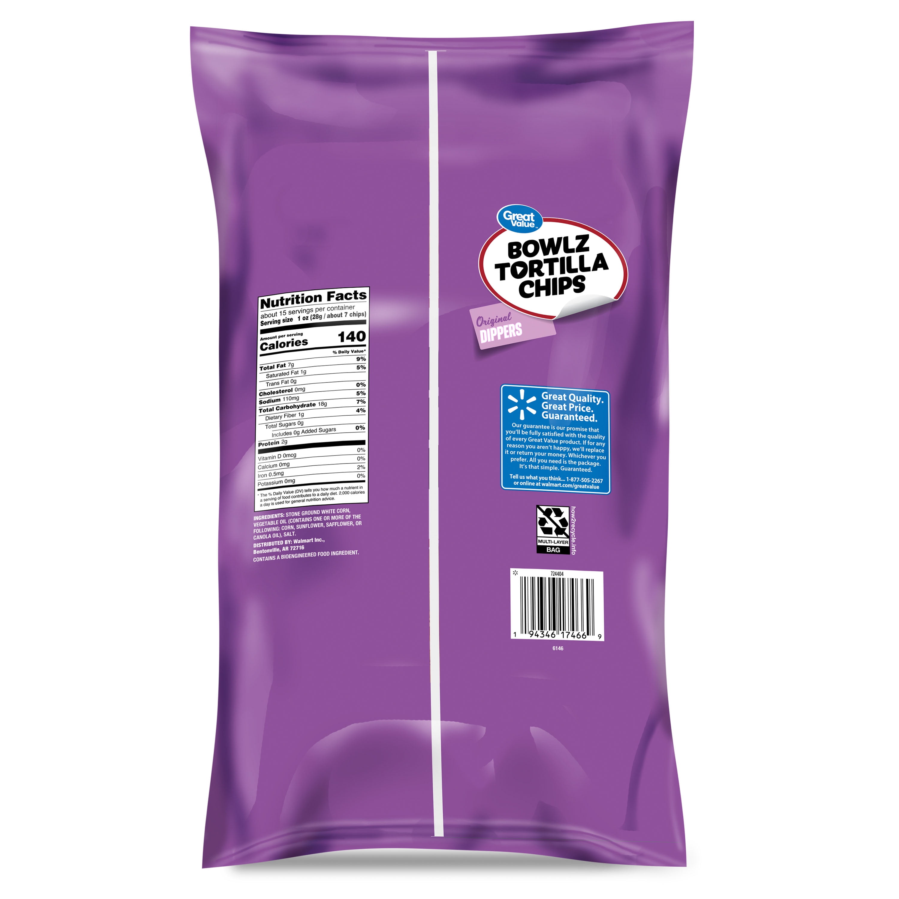 (4 pack) Great Value Original Dippers Bowlz Tortilla Chips Party Size, 14.5 oz