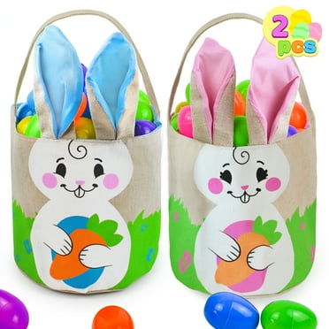 JOYFY 2 Pcs Easter Baskets for Kids,Easter Bunny Burlap Egg Tote Gift Basket,Easter Basket with Handle for Easter Egg Hunt