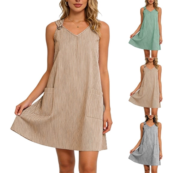 QSXADF Women's Summer Tank Sundress Mini Dress Fashion Casual Striped Graphic V-Neck Sleeveless Casual Regular Length Women's Dresses Vacation Dress