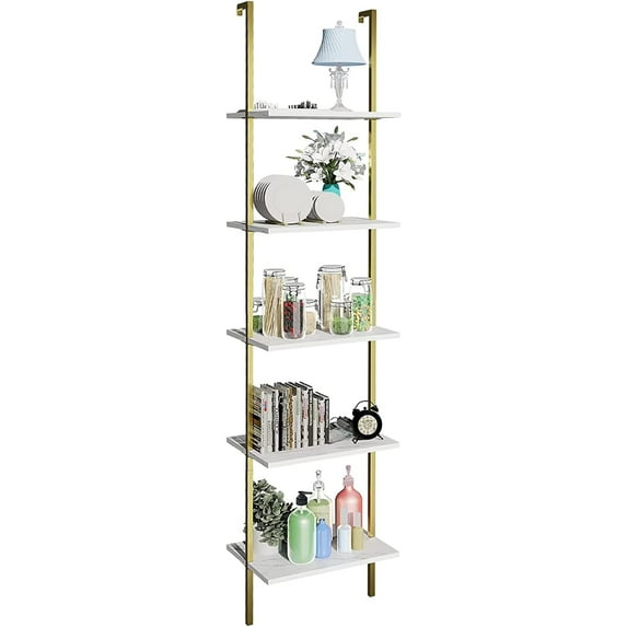 ZXNYH 5 Tiers Ladder Shelf White Marble Modern Bookshelf Open Tall Wall Mount Bookcase Standing Leaning Wall Shelves Industrial Decorative