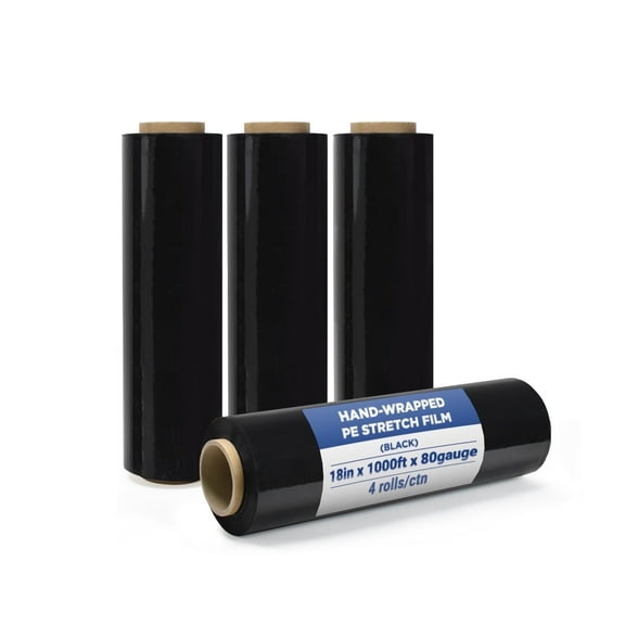 Plastic Ware Black Stretch Film 18in x 1000ft - 80 Gauge, 4 Rolls - Heavy Duty Stretch Wrap for Packaging, Moving, and Storage