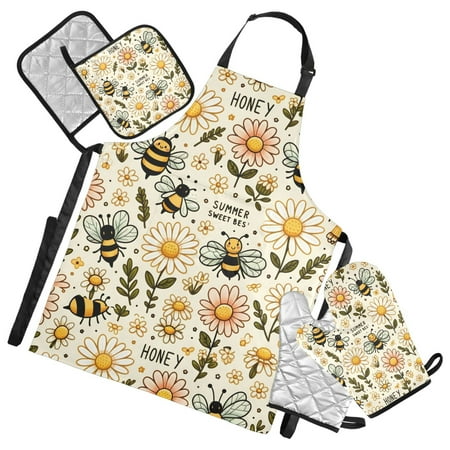 Bee Honey and Daisy 5 Pcs Kitchen Set Heat Resistant Oven Mitts and Non-Slip Pot Holders with Adjustable Cooking Apron