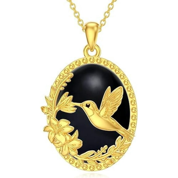CACA LADY Hummingbird Necklace for Women 925 Sterling Silver Black Onyx Necklace Oval Hummingbird Pendant Necklace
