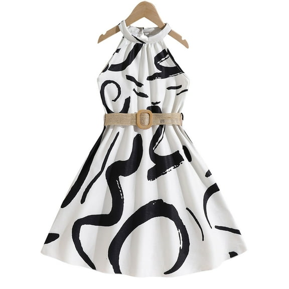 Dresses for Girls Child Kids Halter Neck Sleeveless Printing Prom Dresses with Waistband Casual Fashion Princess Dress Size 9 Y-10 Y