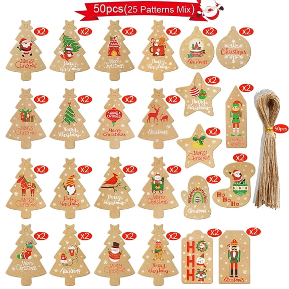 CCOCC Christmas Gift Tags 50 Count with Untied String Brown Kraft Paper Christmas Tags for Gifts,Christmas Gift Tags with String for Christmas Gift Wrap,Wedding Candy Cookies Sugar Bag