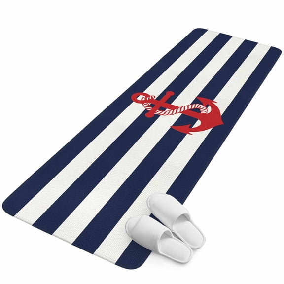 Runner Rug 2.62'x6.56', Navy Blue Stripe Nautical Non Slip Backing Floor Mats Soft Area Rugs, Absorbent Muddy Dirt Trapping Carpet for Entryway Hallway Bedroom Kitchen Red Anchor Summer Coastal