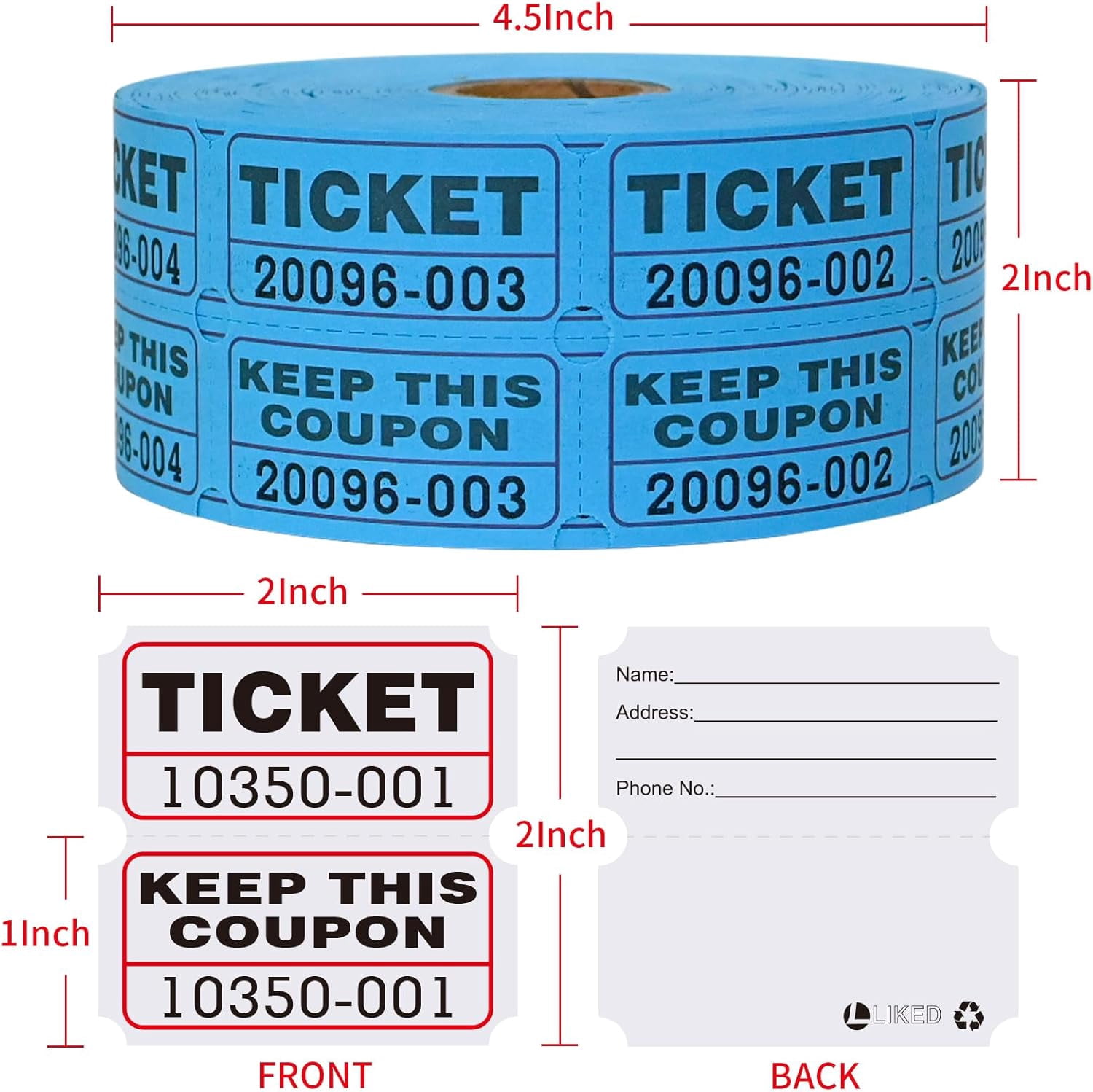2000 Assorted Raffle Tickets Rolls with Consecutive Numbers 2 Rolls of 1000 Double Tickets-White,Blue