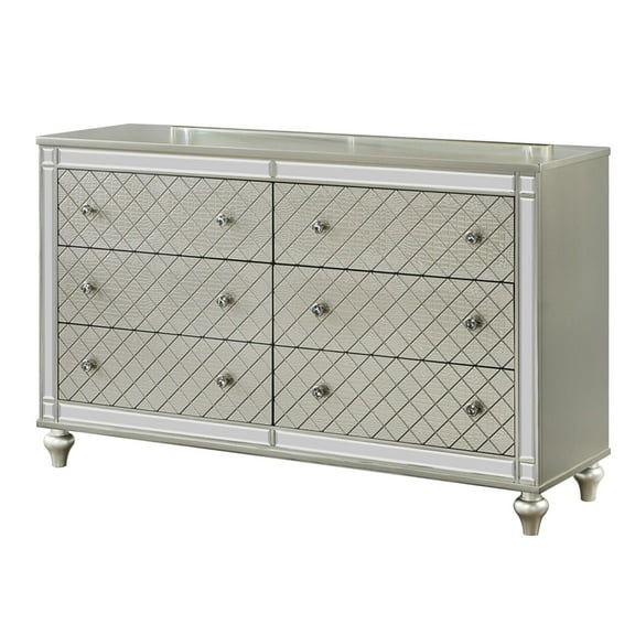 Benjara Cristo 62 Inch Wide Dresser with Mirror, 6 Drawers, Champagne Cross Pattern