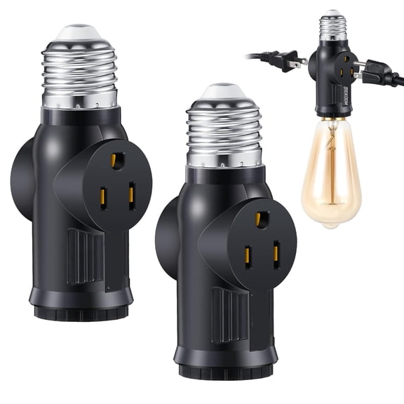DUKOU 2 Pcs Light Socket to Plug Adapter, E26 Lamp Sockets Converter to 3-Prong Outlet & Bulb Holder, Screw-In Light Socket Adapter for Garage, Porch & Utility Areas (Black)