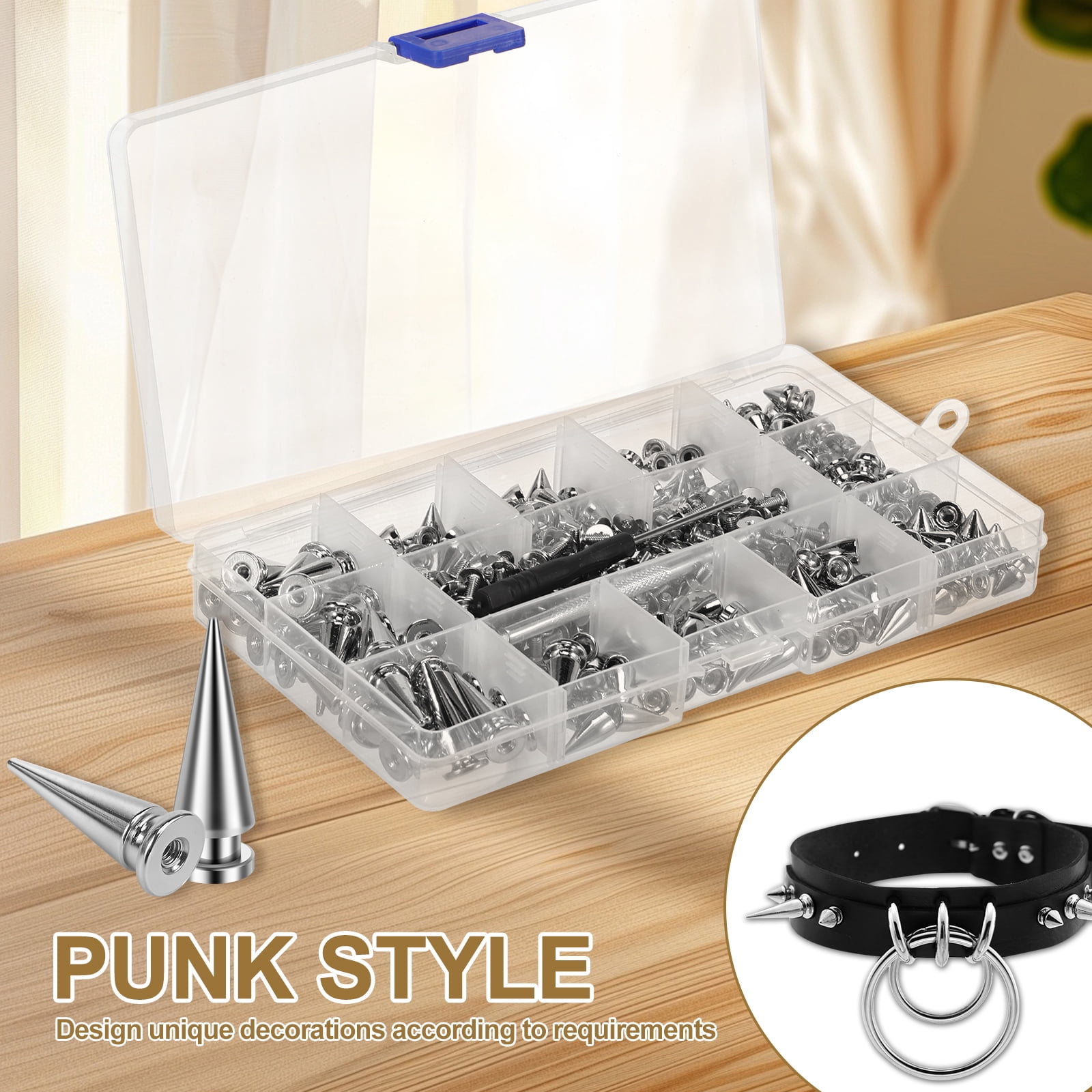 Ikoopy 718Pcs Punk Spikes and Studs Kit Zinc Alloy Silver Cone Spike and Stud Rivet Kit 8 Size Metal Leather Tree Spike Assortment Tool for Clothing Jacket Shoes Wallet