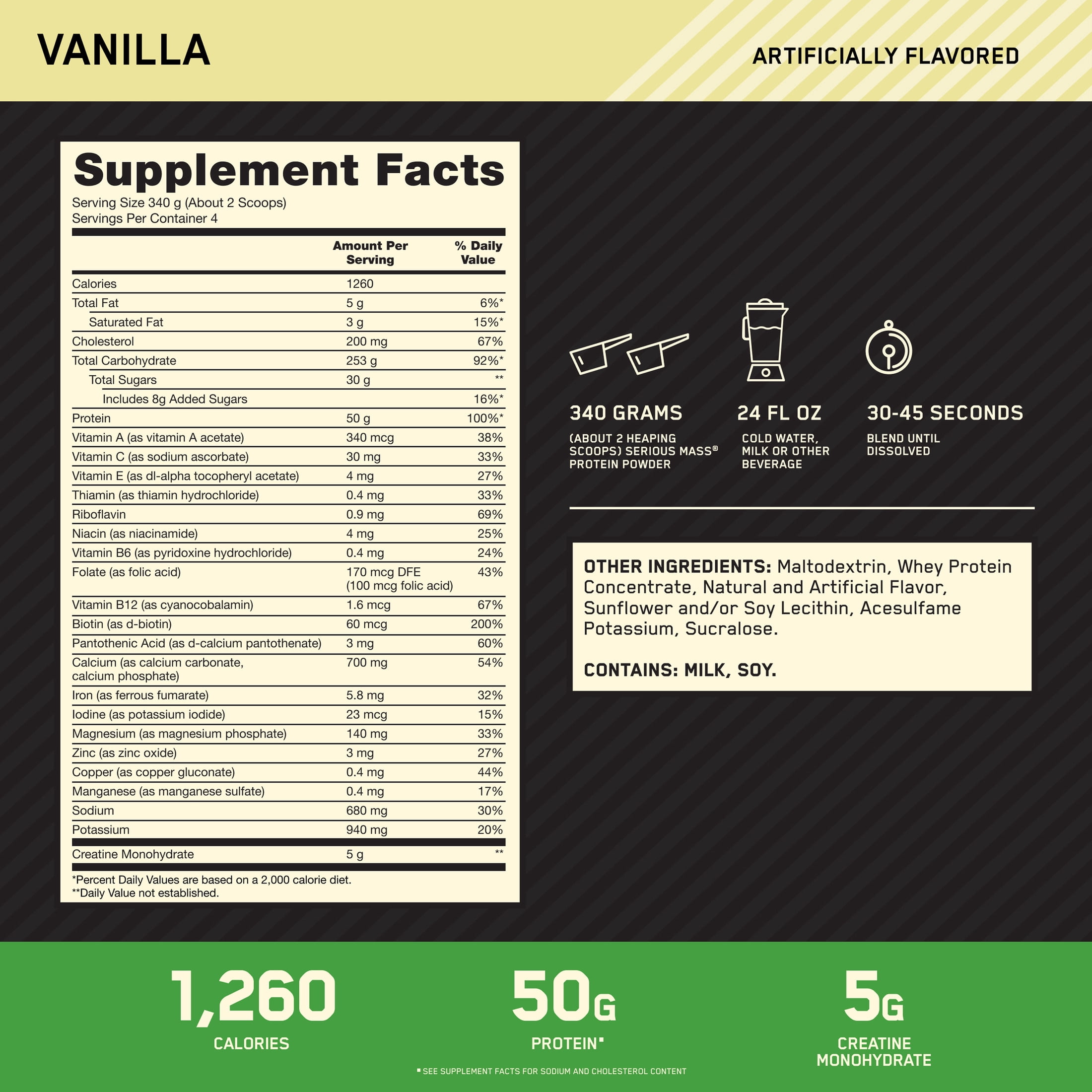 Optimum Nutrition Serious Mass, Vanilla, Weight Gainer Protein Powder, Mass Gainer, 3 lb