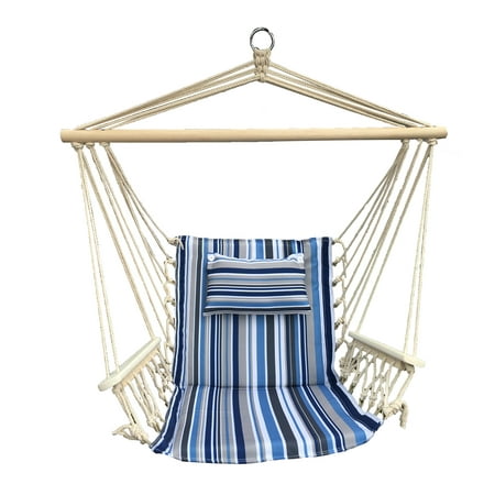 Hanging Chair with Pillow & Arms - Blue and Grey Striped Pattern