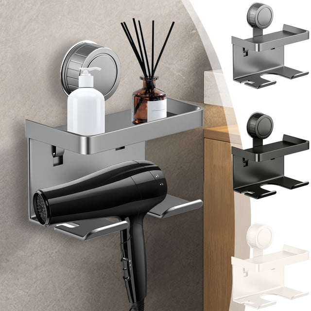 Soporte de Pared para Secador de Pelo con Ventosa | Negro | Sin Perforaciones | Aleación | 17 X 12 X 10 Cm | 1 Unidad