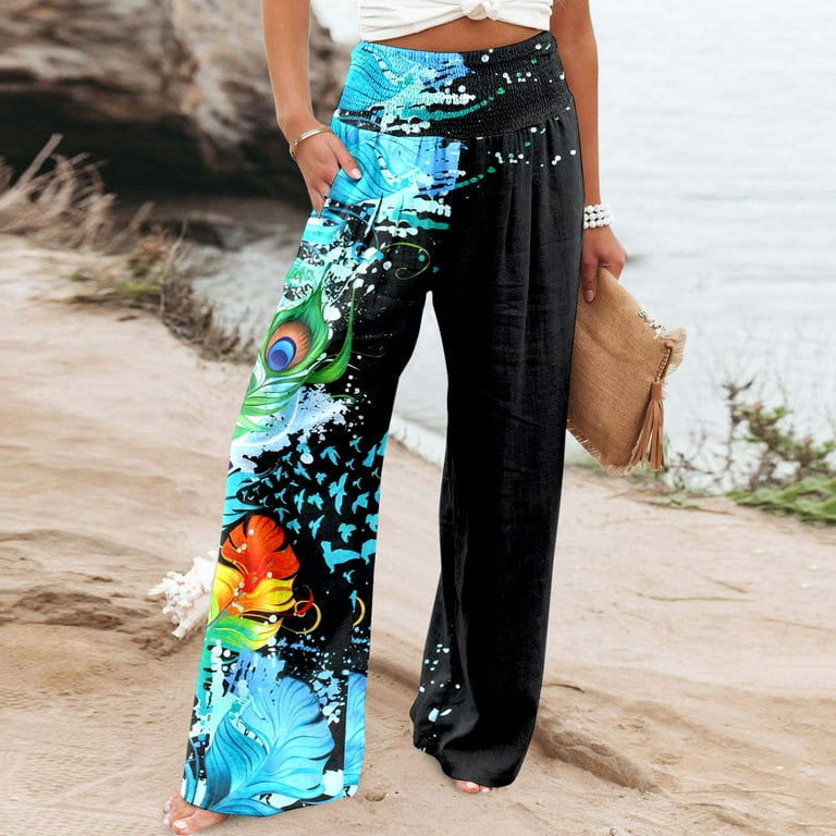 Women Casual Fashion Simple Elastic Waist Wide Leg Trousers Colorful Flower Printed Pocket Trousers Women Business Casual Pants plus Size Casual Dress Pants for Women under 20 Short Pant for Women