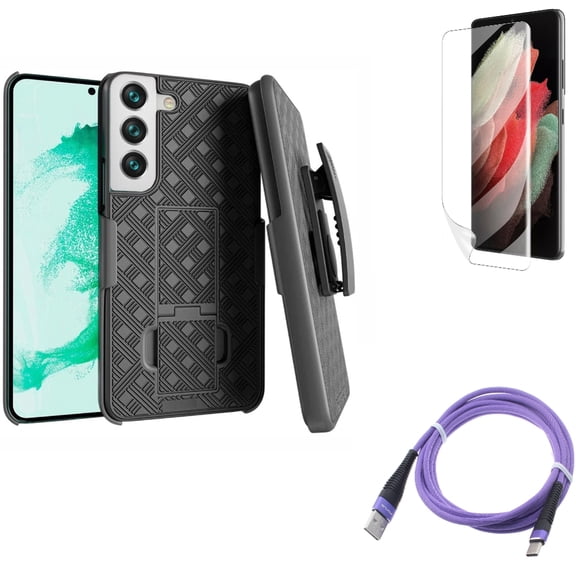Matte Screen Protector & 6ft USB Cable & Case Belt Clip for Samsung Galaxy S22 Plus (S22 ) - Combo TPU Film Anti-Glare & Purple Type-C Charger Cord & Holster Swivel Cover