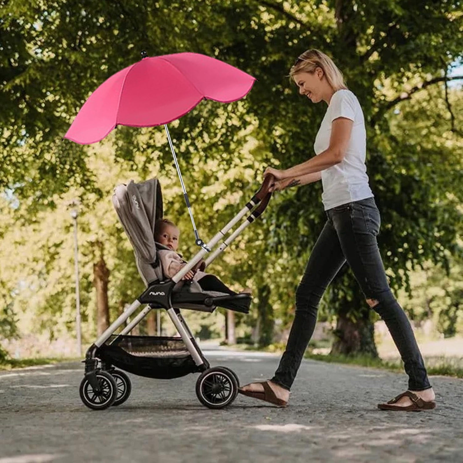 Universal Stroller Umbrella, UPF 50+ Baby Pram Parasol With 360° Rotatable Clip, For Strollers, Beach Chairs & Wheelchairs(Hot Pink)